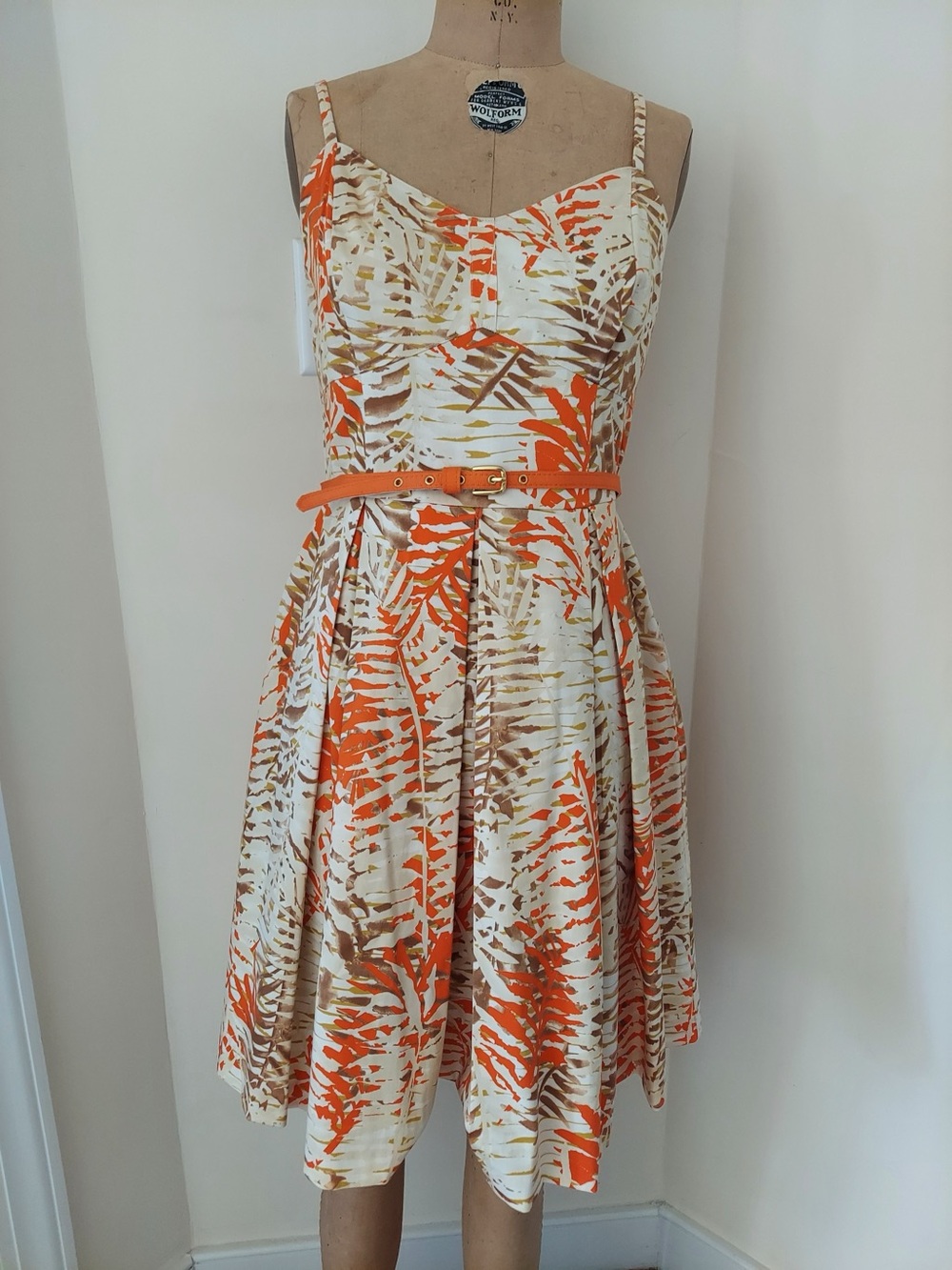 Julian Taylor Orange, Brown, and Cream Midi Dress